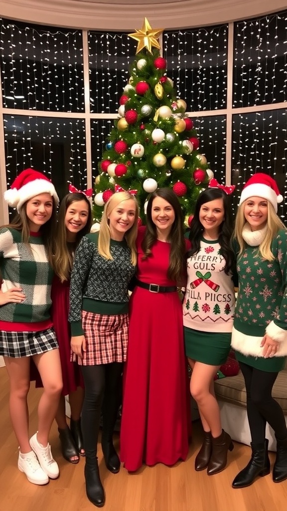 Festive Christmas Outfit Ideas for Group Celebrations A group of friends in festive Christmas outfits, smiling together in front of a decorated Christmas tree.